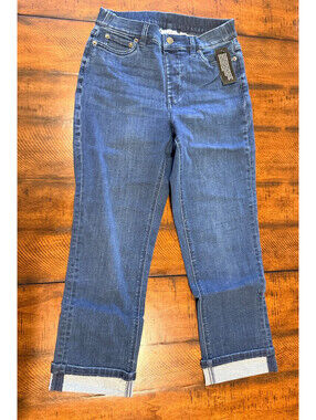 Denim & Co Deep Indigo Stretch Cuffed Straight Leg Jeans A611667 Size 6